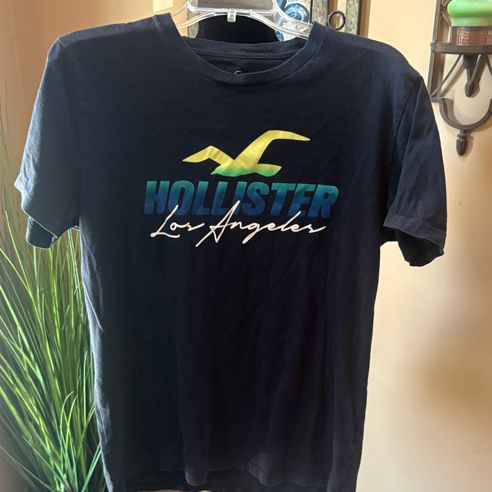 Hollister Black Tee with Yellow, Green & Blue Gradient Logo